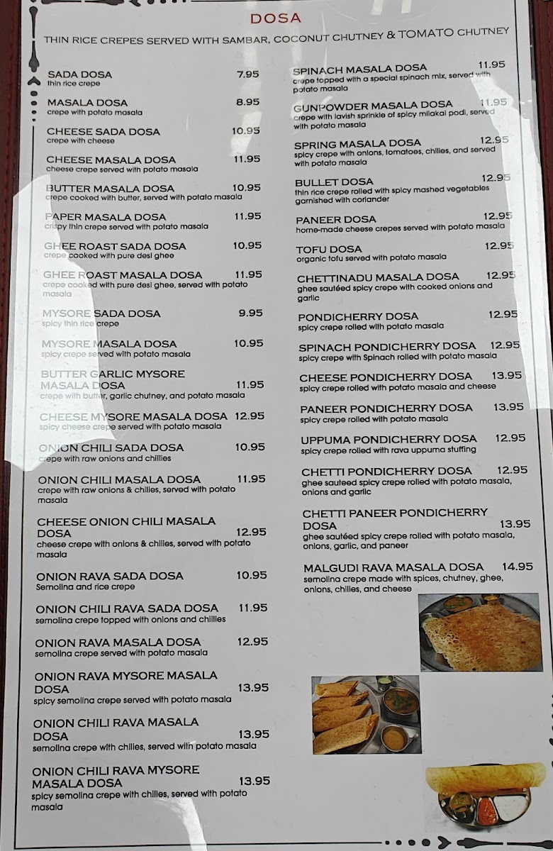 Dosa Hut menu board