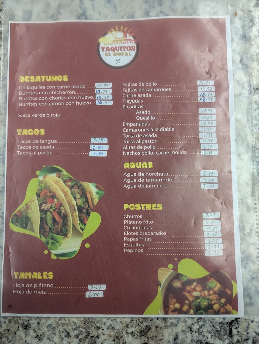 Taquitos El Nopal menu board