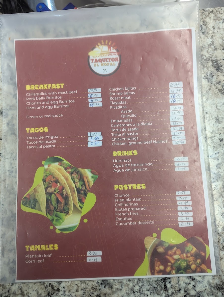 Taquitos El Nopal menu board