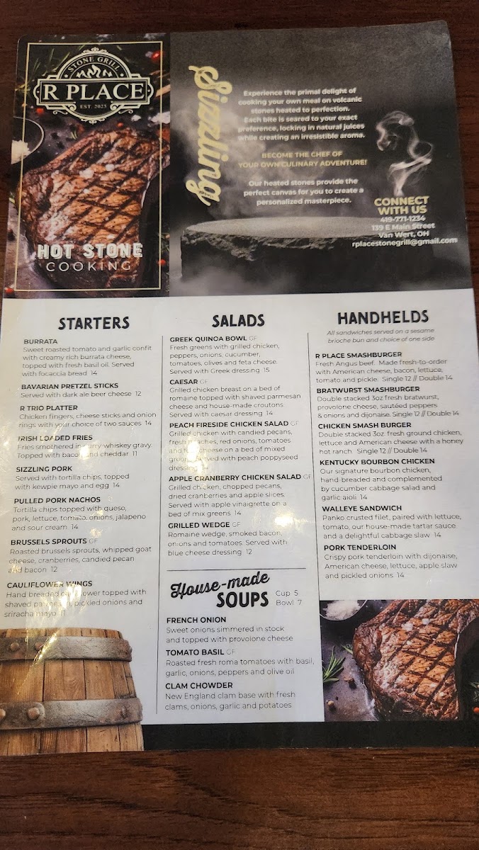 R Place Stone Grill menu board