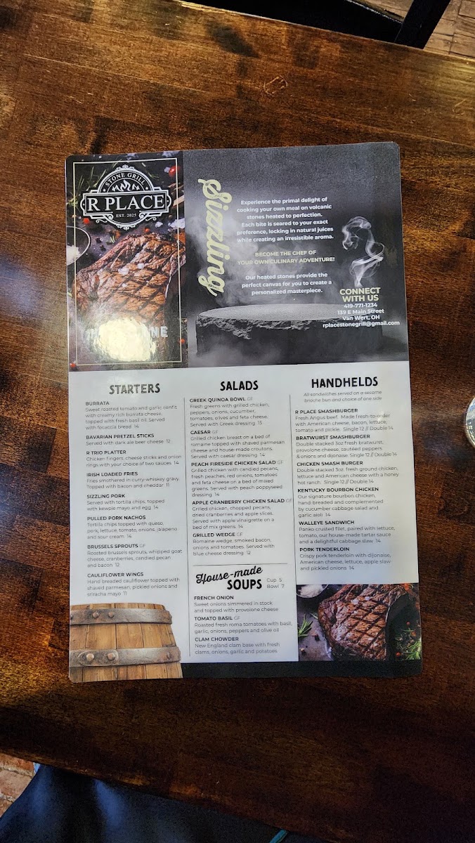 R Place Stone Grill menu board