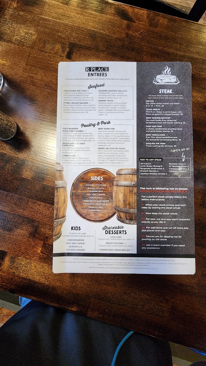 R Place Stone Grill menu board