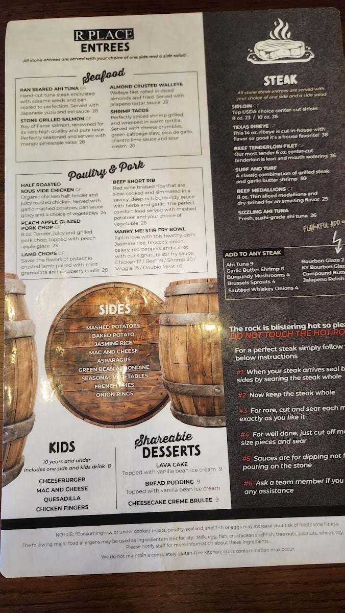 R Place Stone Grill menu board