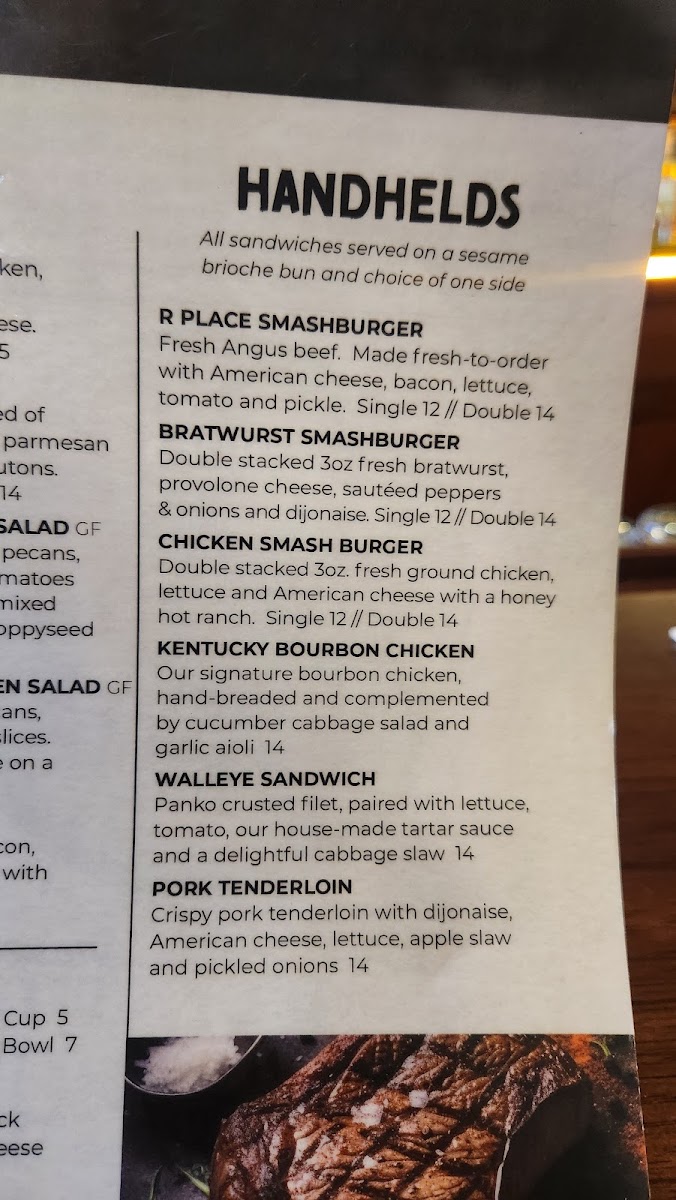 R Place Stone Grill menu board