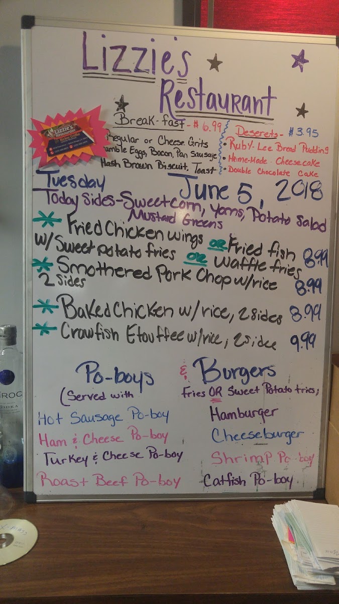 Lizzie's Restaurant | Breakfast • Lunch menu board