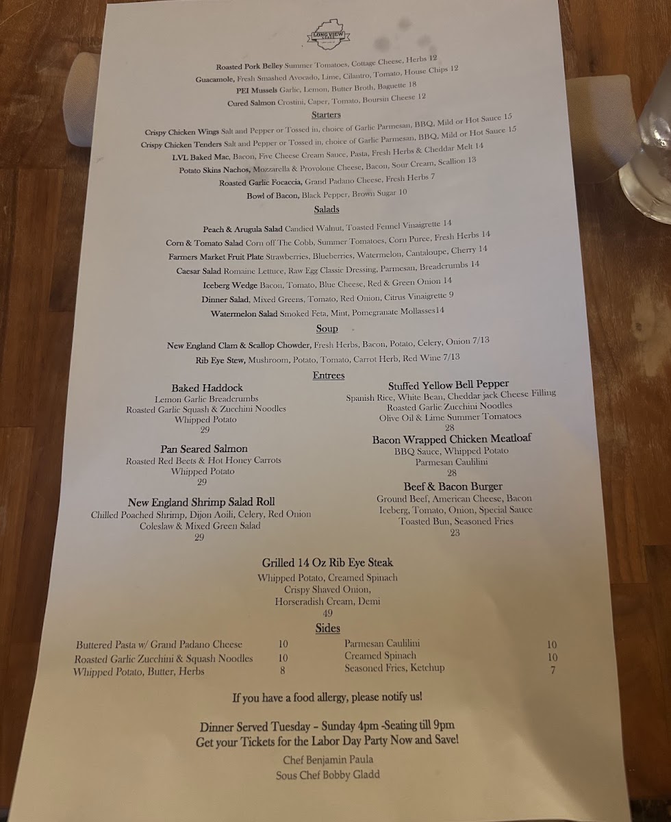 Long View Lodge Restaurant menu board