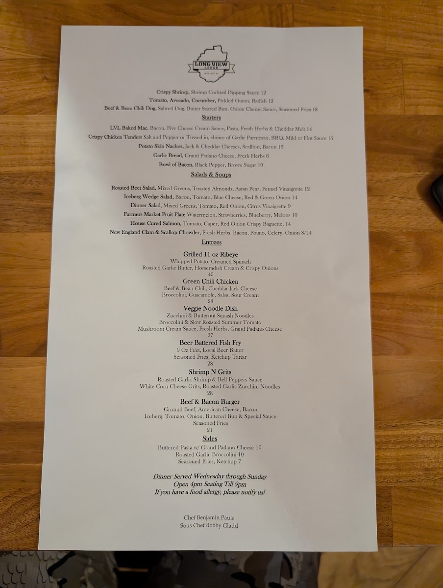Long View Lodge Restaurant menu board