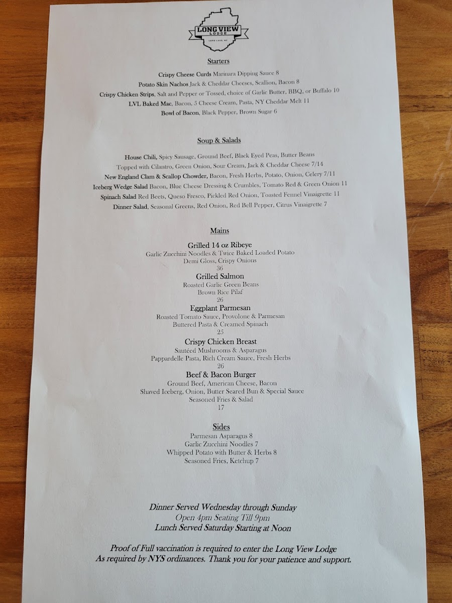 Long View Lodge Restaurant menu board