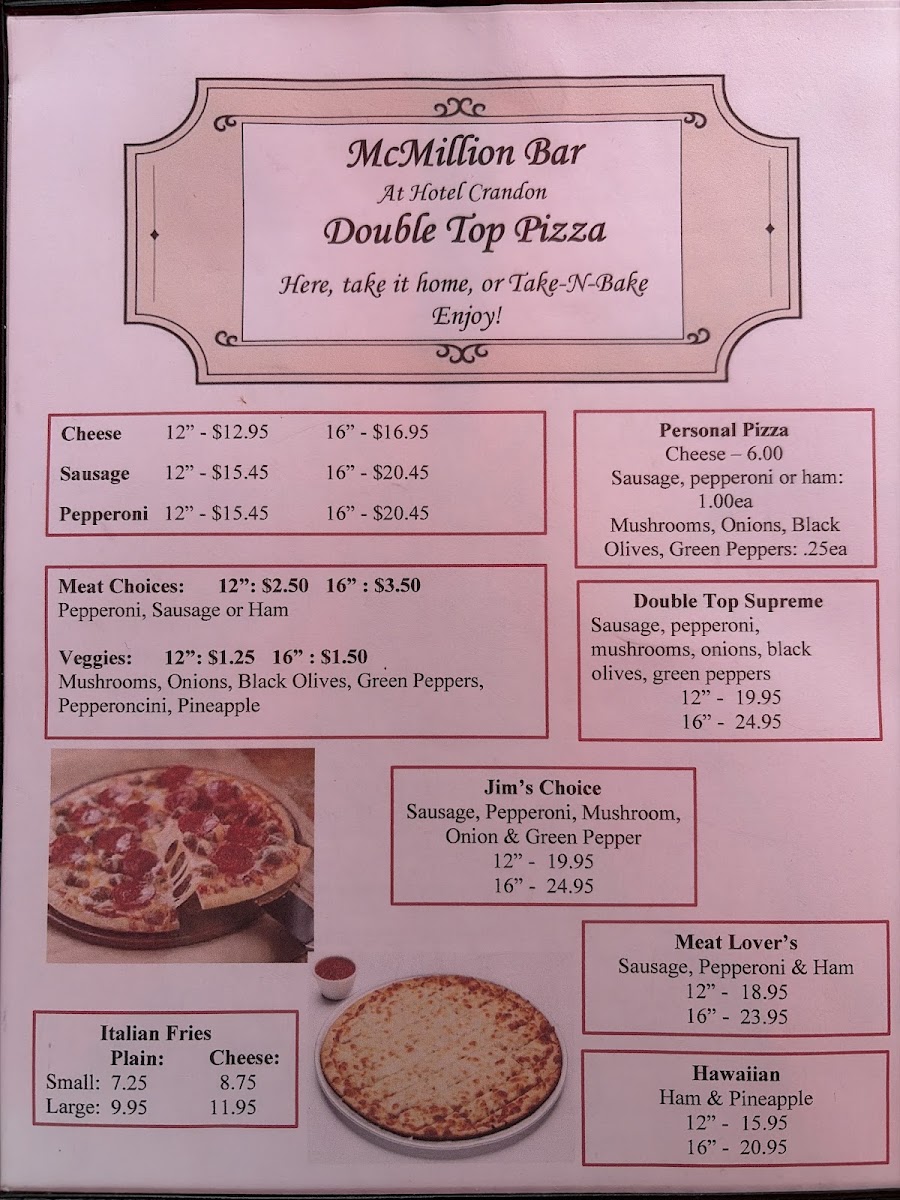 Hotel Crandon Restaurant and Bar menu board
