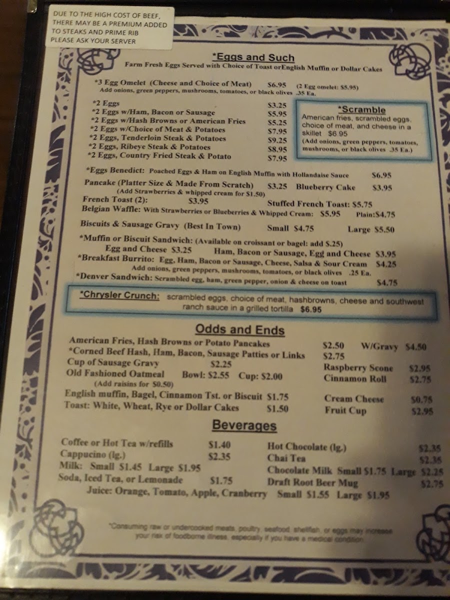 Hotel Crandon Restaurant and Bar menu board