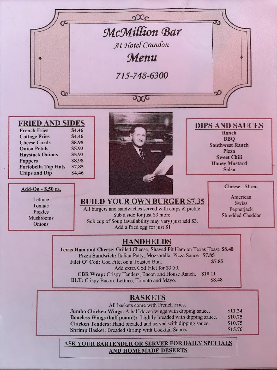 Hotel Crandon Restaurant and Bar menu board