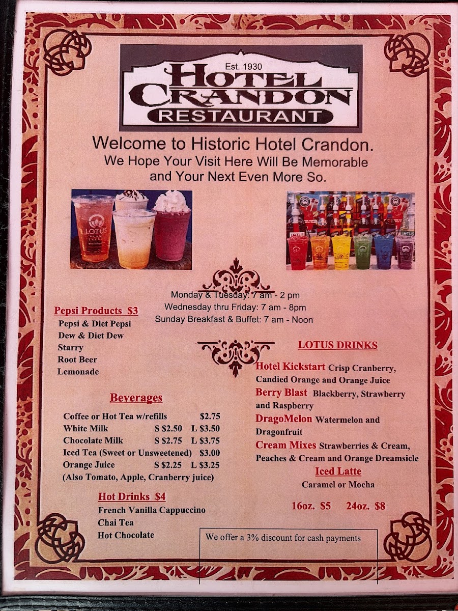 Hotel Crandon Restaurant and Bar menu board