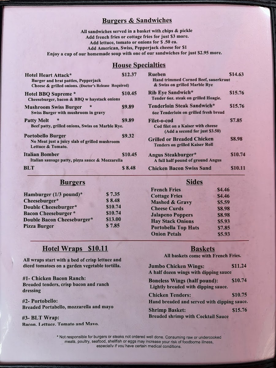 Hotel Crandon Restaurant and Bar menu board
