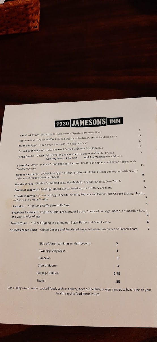 Hotel Crandon Restaurant and Bar menu board