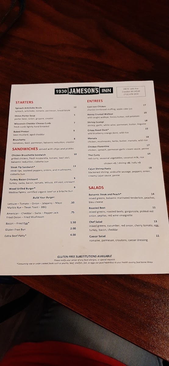 Hotel Crandon Restaurant and Bar menu board