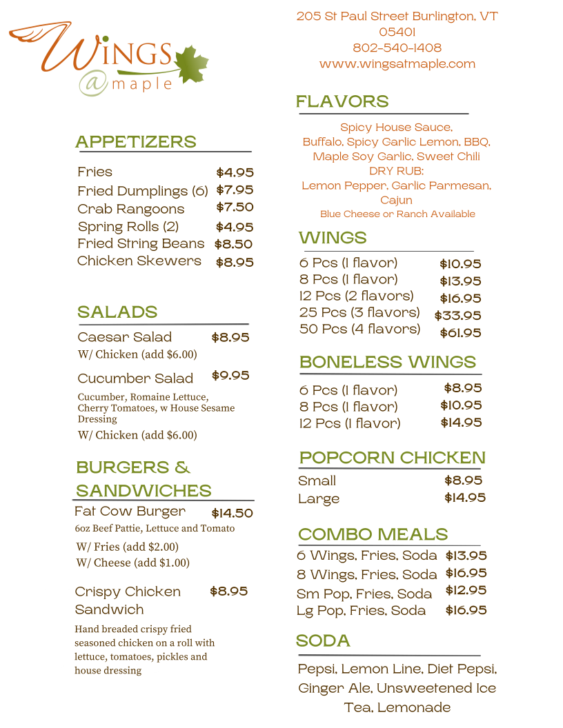 Wings at Maple menu board