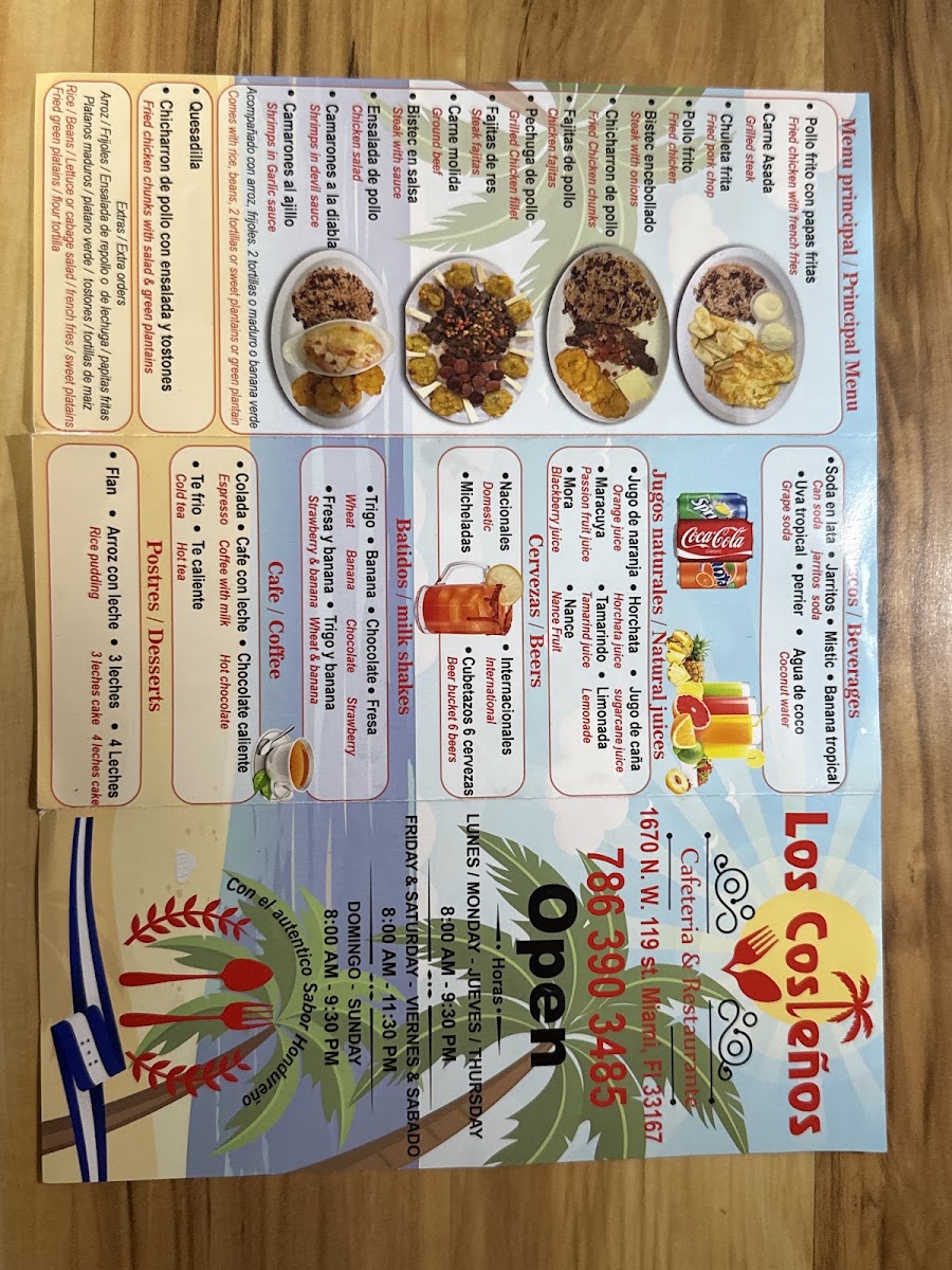 Los Costeños Cafeteria & Restaurant menu board