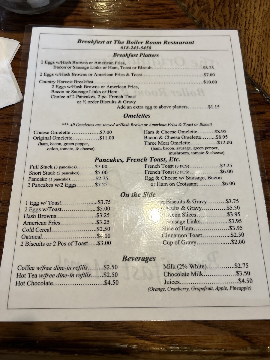 Boiler Room Restaurant menu board