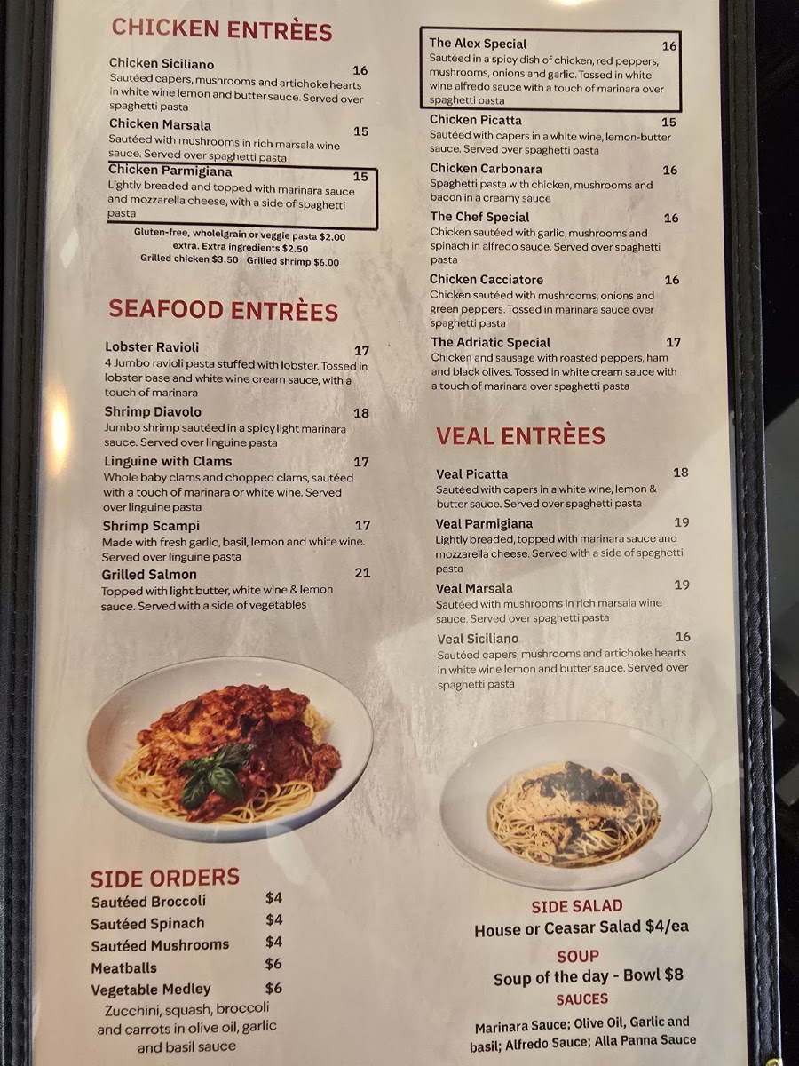 Adriatic Cafe Italian Grill menu board