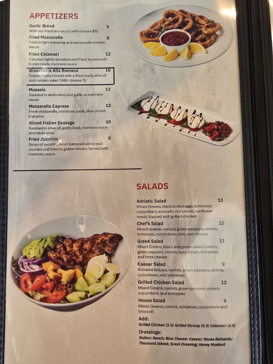 Adriatic Cafe Italian Grill menu board