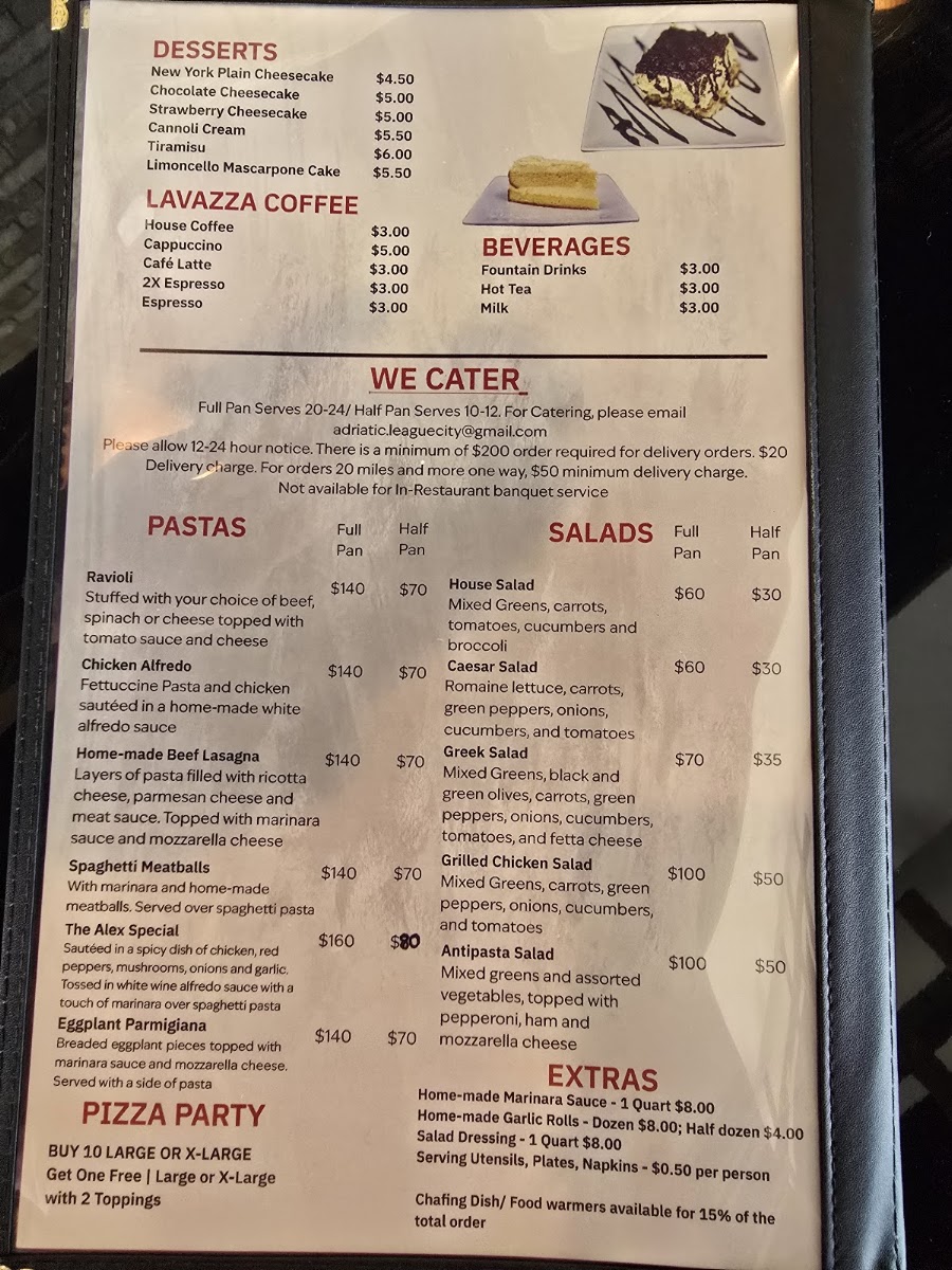Adriatic Cafe Italian Grill menu board
