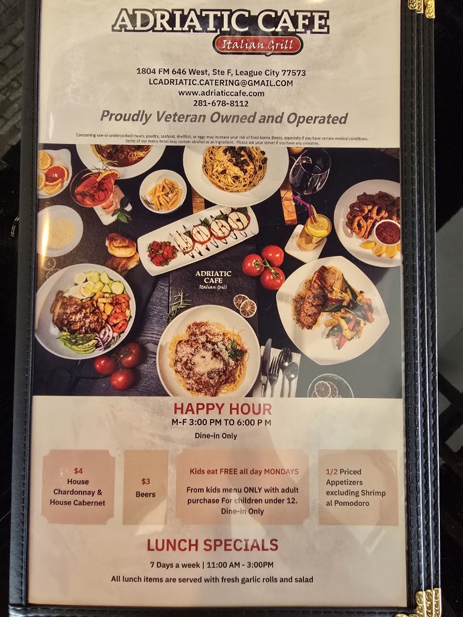Adriatic Cafe Italian Grill menu board