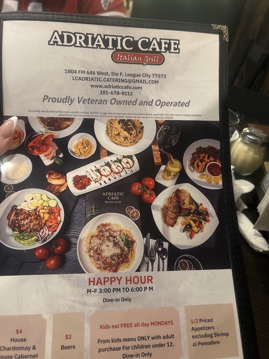 Adriatic Cafe Italian Grill menu board