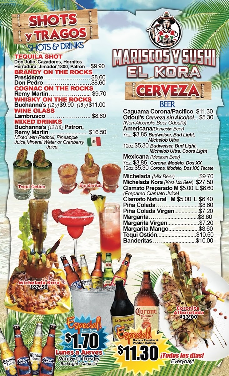 Mariscos y Sushi El Kora menu board