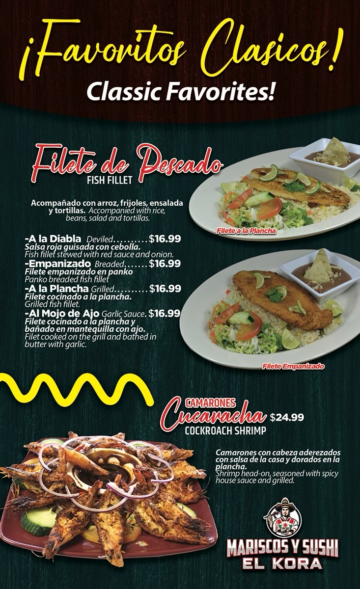 Mariscos y Sushi El Kora menu board