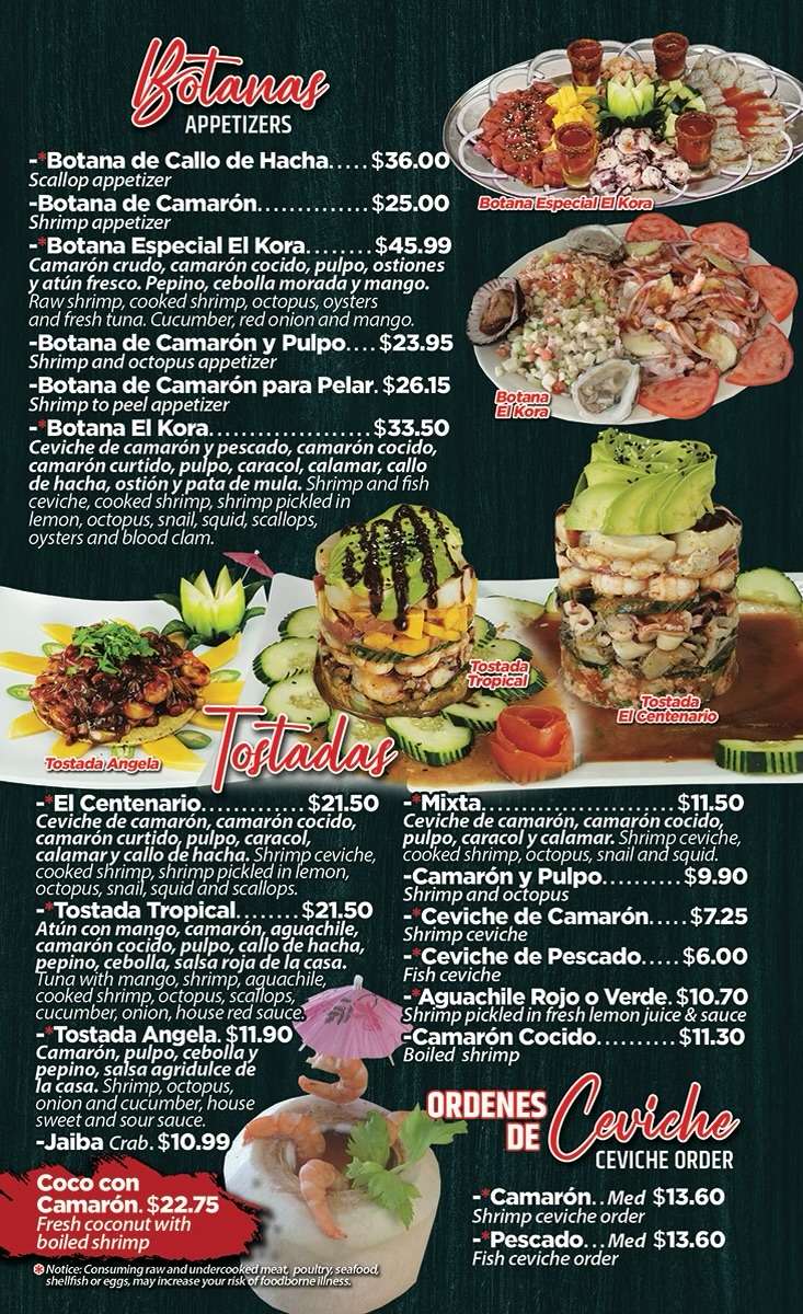 Mariscos y Sushi El Kora menu board