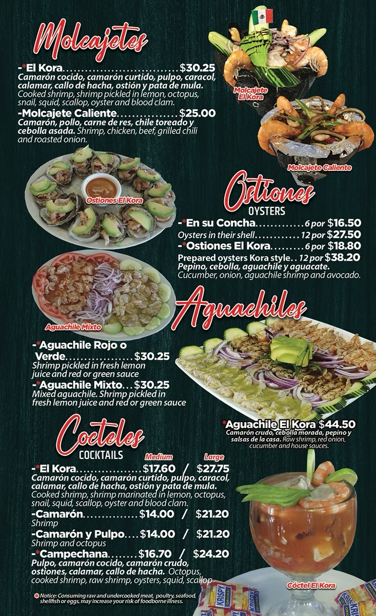 Mariscos y Sushi El Kora menu board