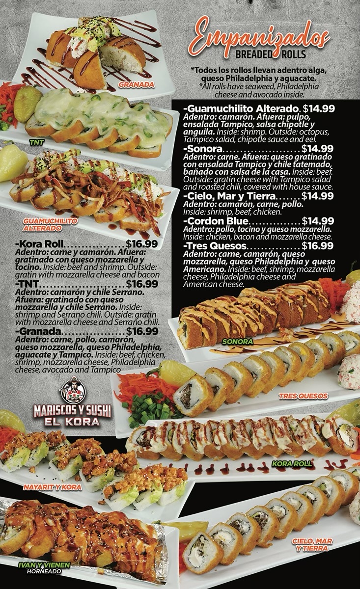 Mariscos y Sushi El Kora menu board