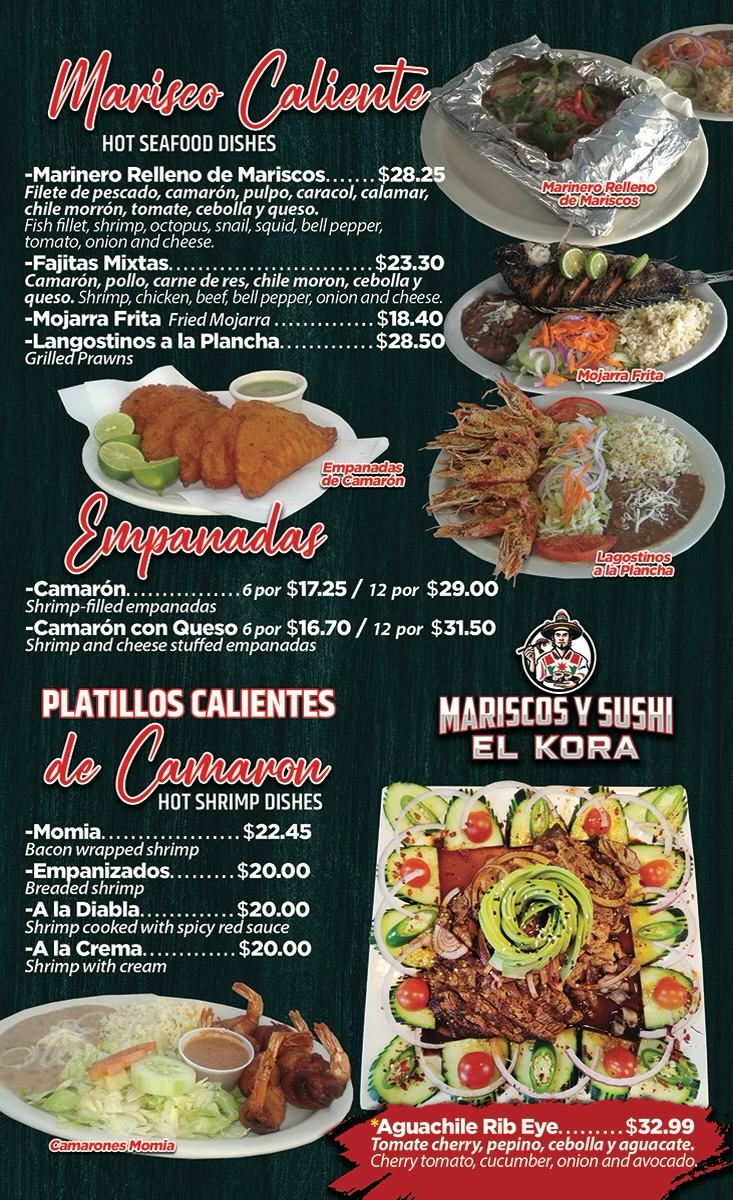 Mariscos y Sushi El Kora menu board