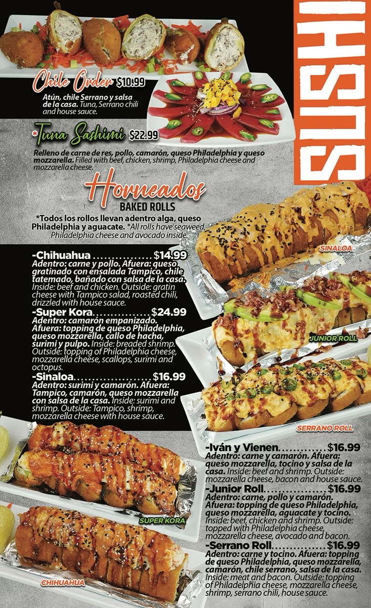 Mariscos y Sushi El Kora menu board