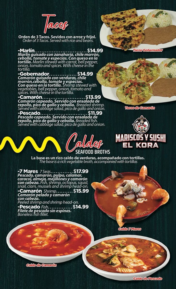 Mariscos y Sushi El Kora menu board