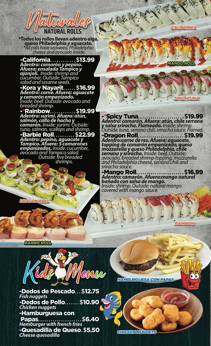 Mariscos y Sushi El Kora menu board