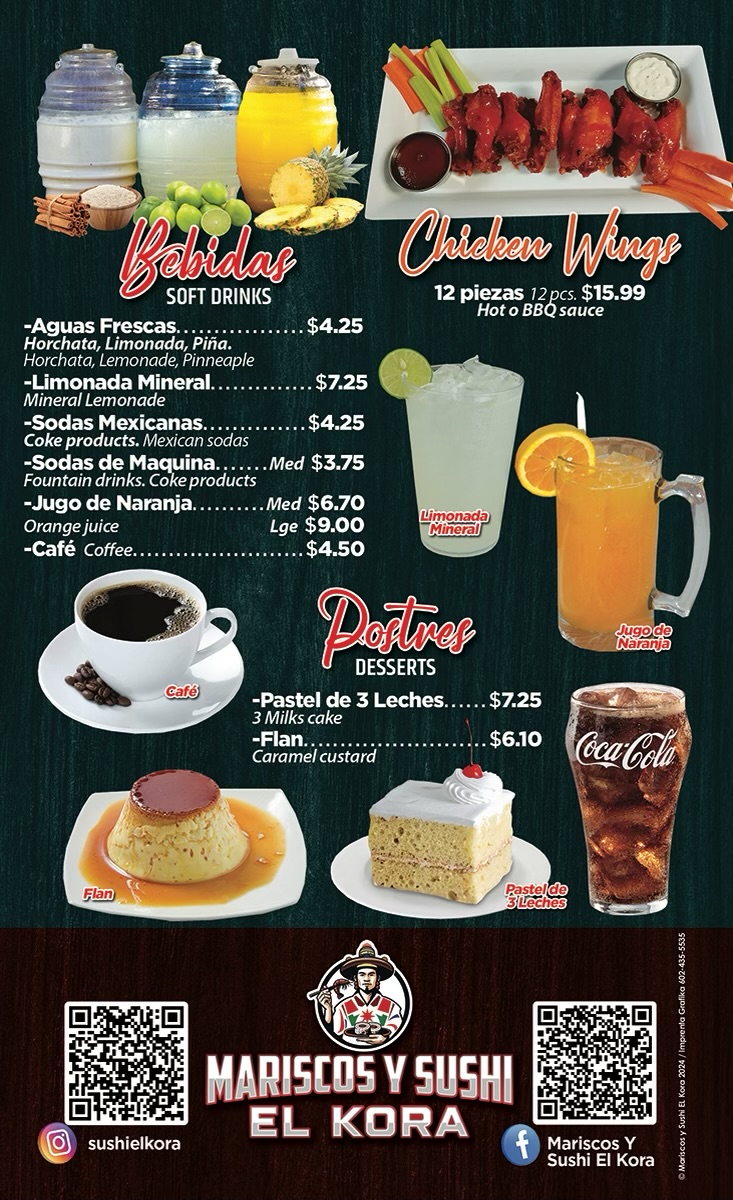 Mariscos y Sushi El Kora menu board