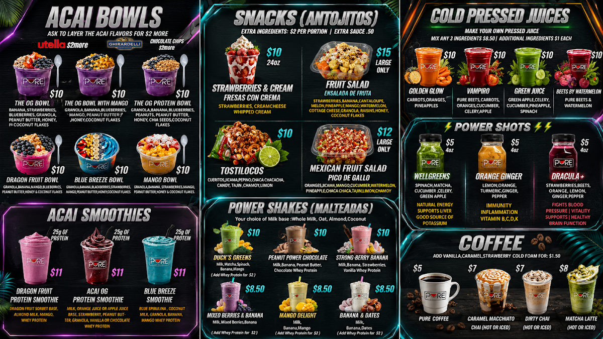 Pure Fruit Bar & Deli LLC menu board