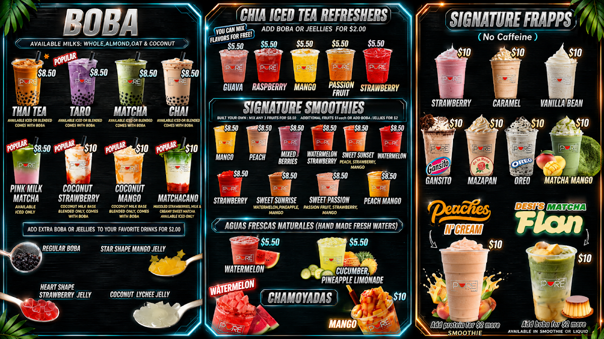Pure Fruit Bar & Deli LLC menu board