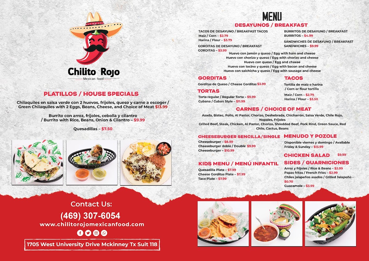 Chilito Rojo Mexican Food menu board