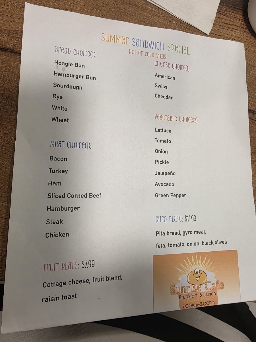 Sunrise cafe menu board