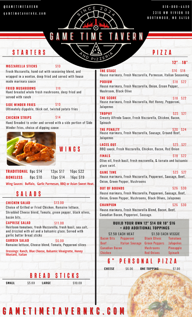 Game Time Tavern and Pizzeria menu board