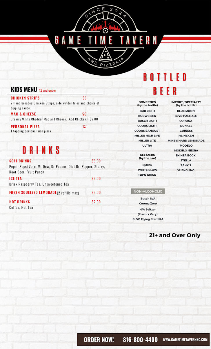 Game Time Tavern and Pizzeria menu board