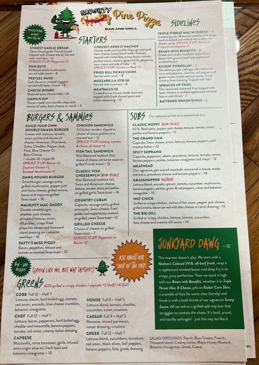 Naughty Pine Pizza Bar & Grill menu board