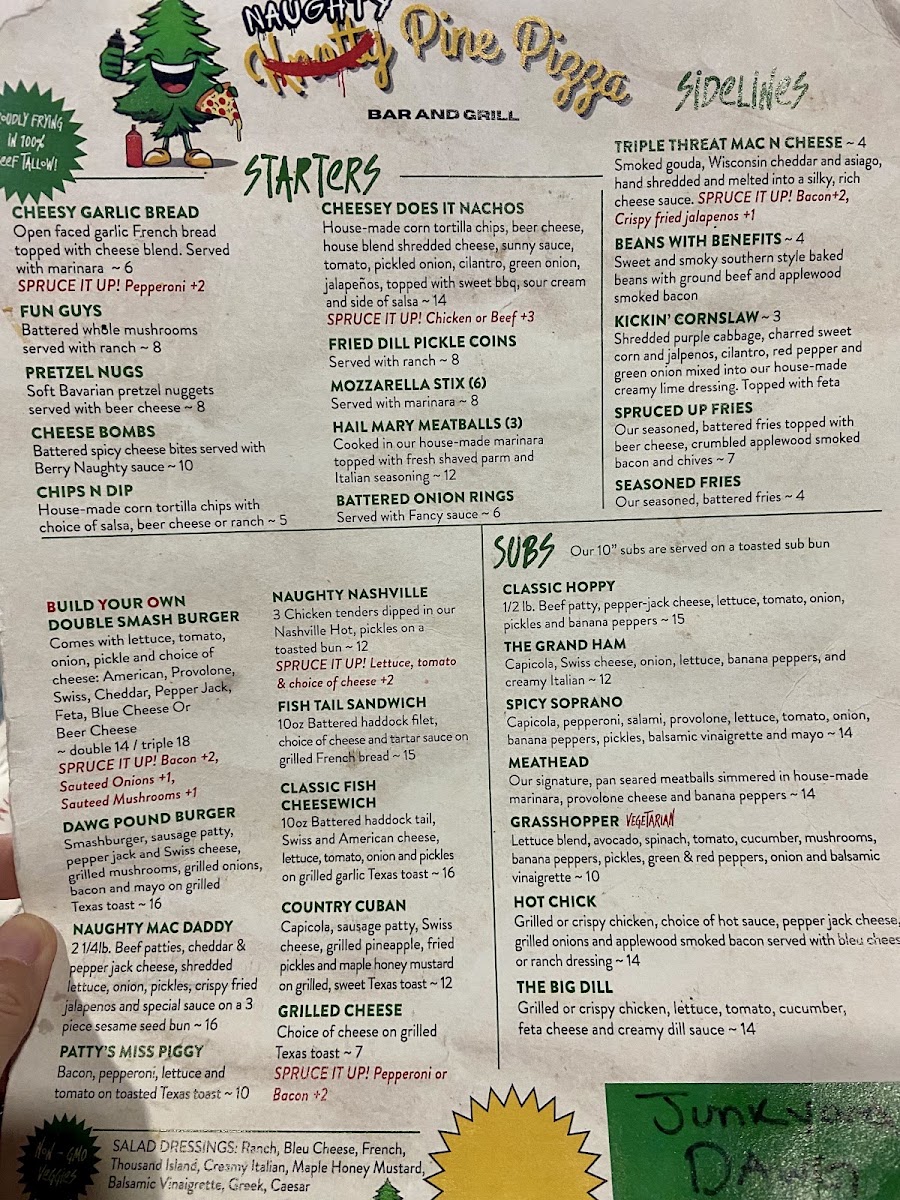 Naughty Pine Pizza Bar & Grill menu board