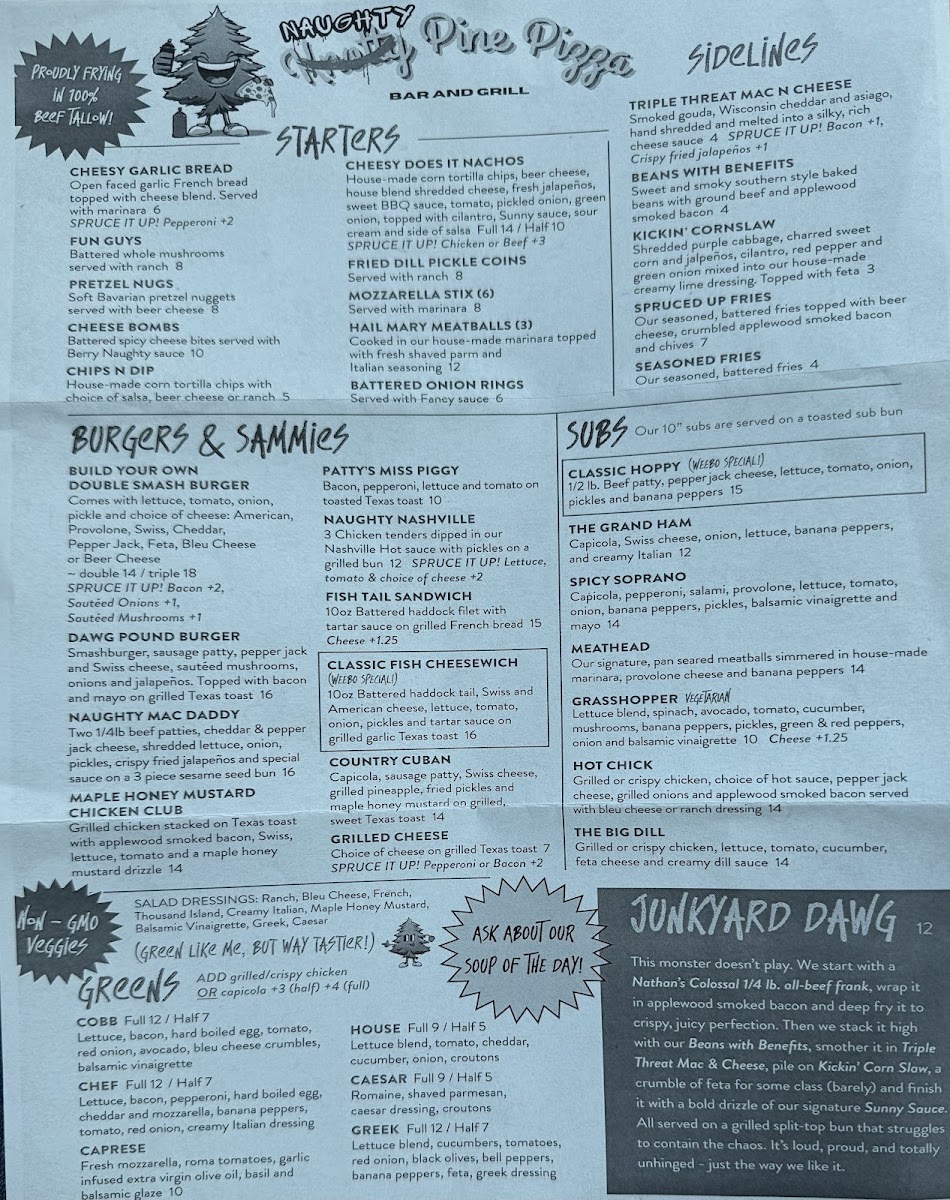 Naughty Pine Pizza Bar & Grill menu board
