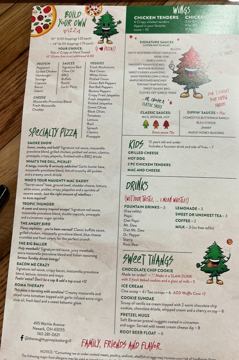 Naughty Pine Pizza Bar & Grill menu board