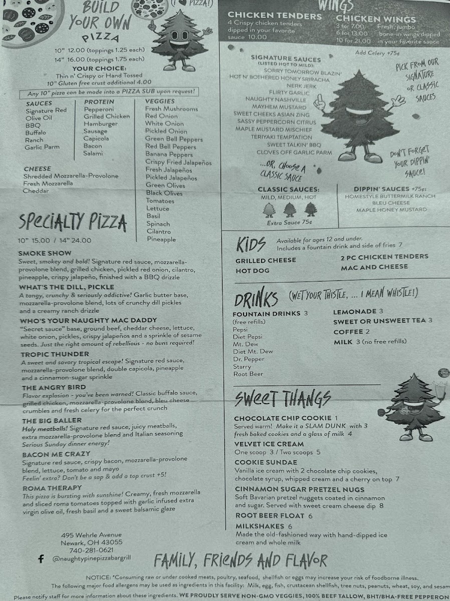 Naughty Pine Pizza Bar & Grill menu board