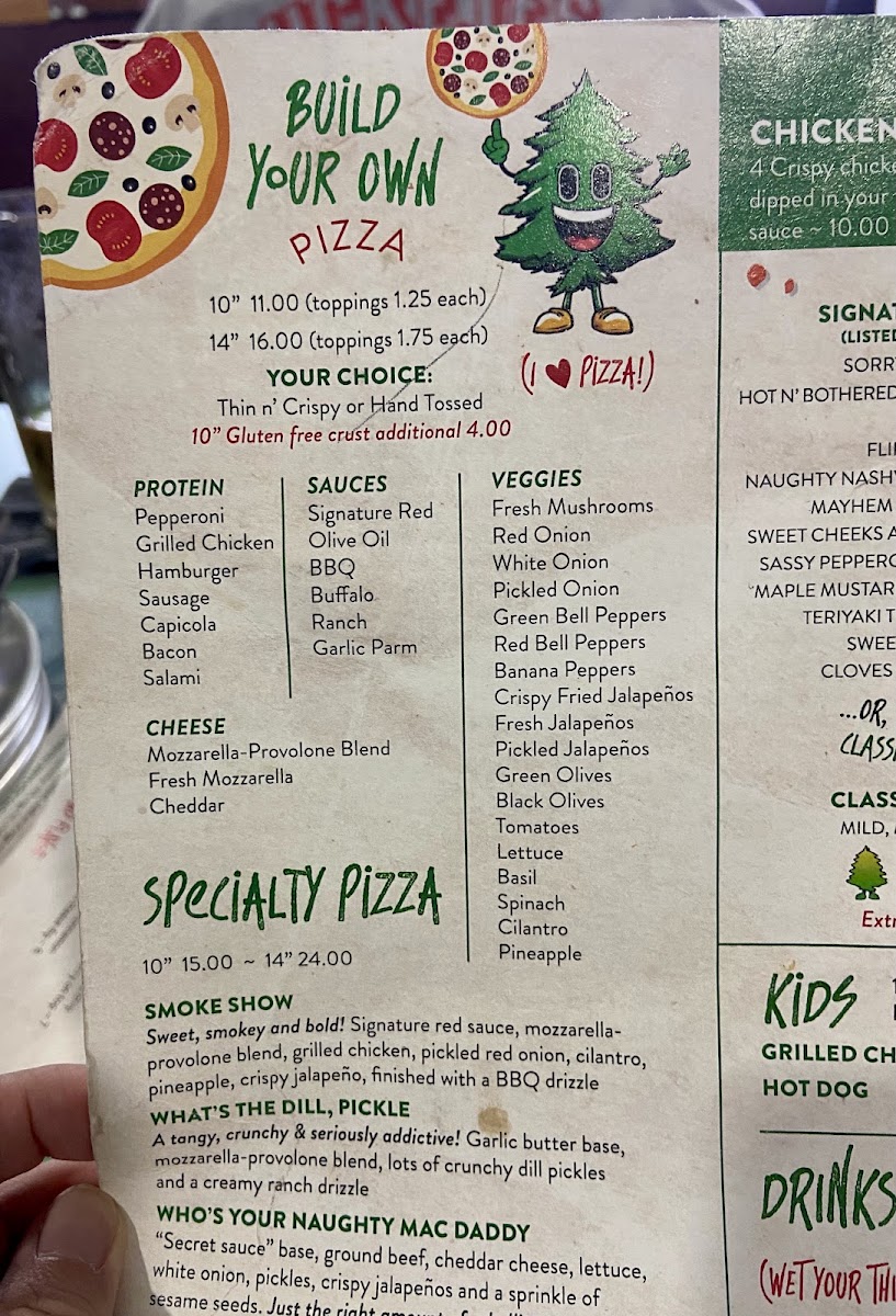 Naughty Pine Pizza Bar & Grill menu board