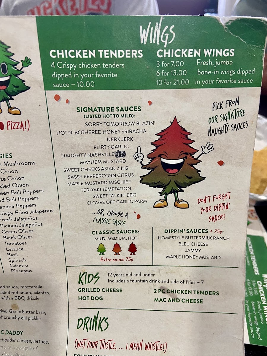 Naughty Pine Pizza Bar & Grill menu board